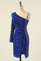 Royal Blue One Shoulder Sequined Cocktail Dress With Feathers