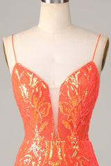 Bodycon Spaghetti Straps Orange Sequins Short Homecoming Dress