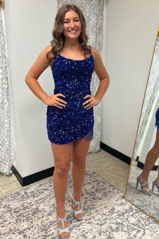 Royal Blue Sequined Tight Homecoming Dress with Fringes