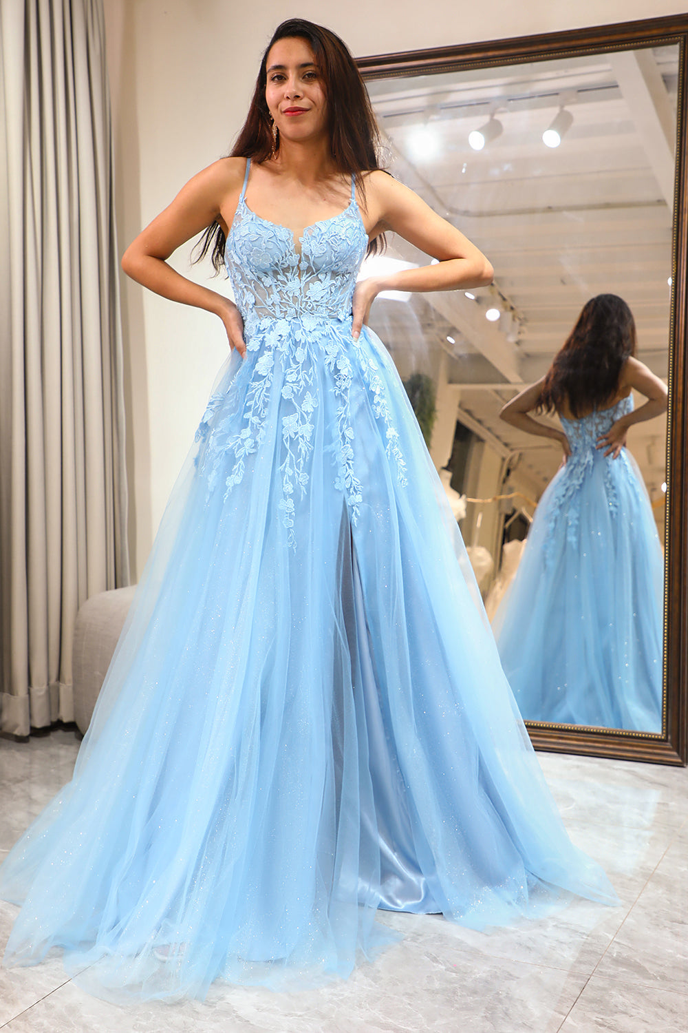 Light Blue A Line Tulle Long Corset Prom Dress With Slit