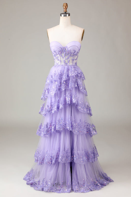 A Line Purple Corset Tiered Long Prom Dress