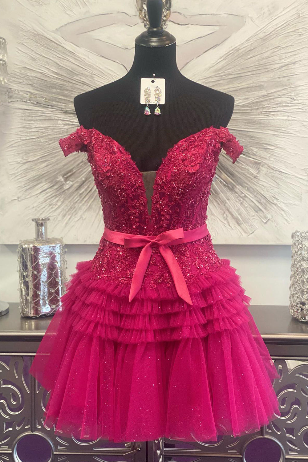 Sparkly Fuchsia Tiered A-Line Tulle Short Homecoming Dress with Lace