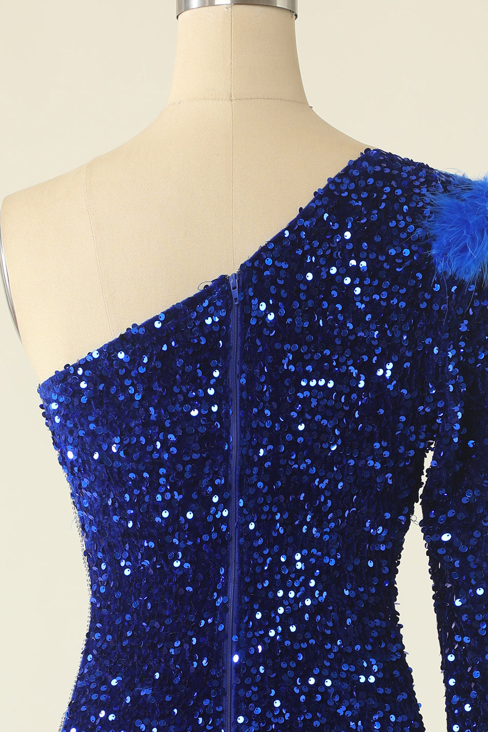 Royal Blue One Shoulder Sequined Cocktail Dress With Feathers