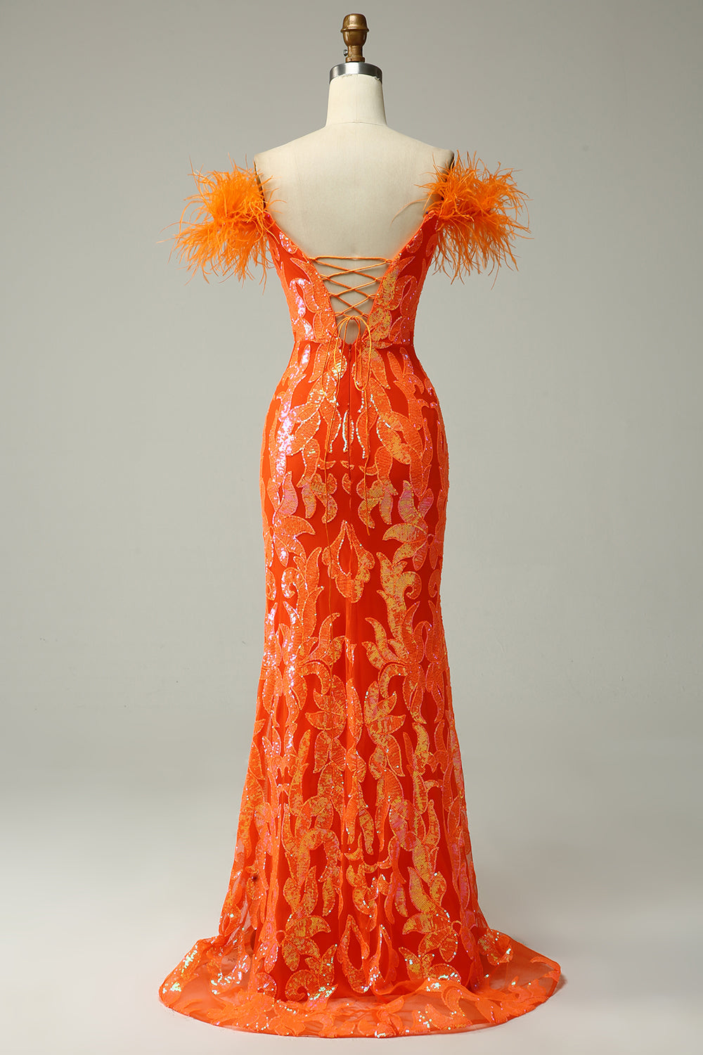 Sparkly Orange Sequins Off the Shoulder Mermaid Long Prom Dress with Feathers