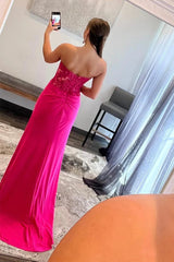 Sparkly Hot Pink Corset Long Sheath Prom Dress with Slit