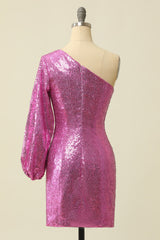 One Shoulder Fuchsia Sequined Homecoming Dress