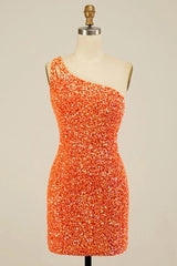 Orange Open Back One Shoulder Sequins Tight Homecoming Dress