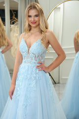 Light Blue A Line Tulle Backless Long Corset Prom Dress With Appliques