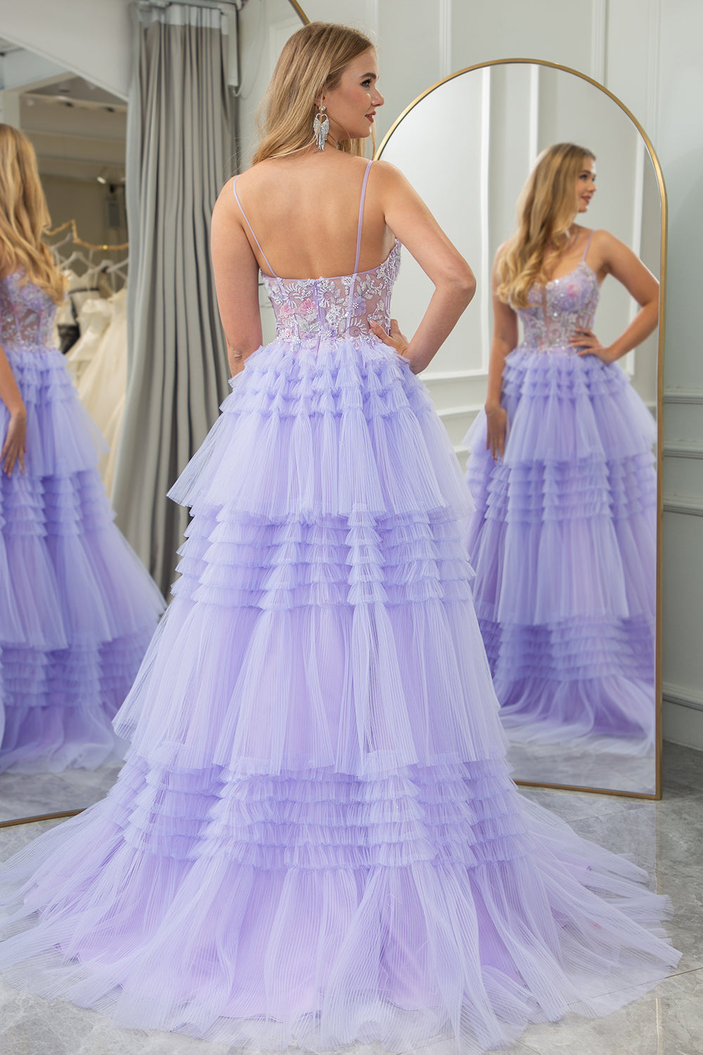 Lilac A Line Tulle Tiered Long Corset Prom Dress With Appliques