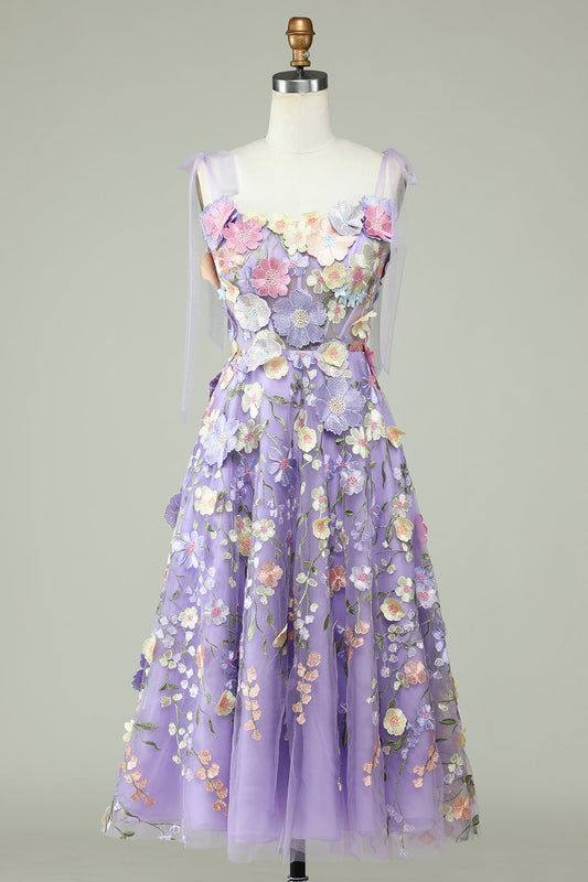 A Line Spaghetti Straps Purple Tea Length Prom Dress with 3D Flowers