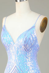 Sparkly Sheath Spaghetti Straps Blue Sequins Short Homecoming Dress with Backless