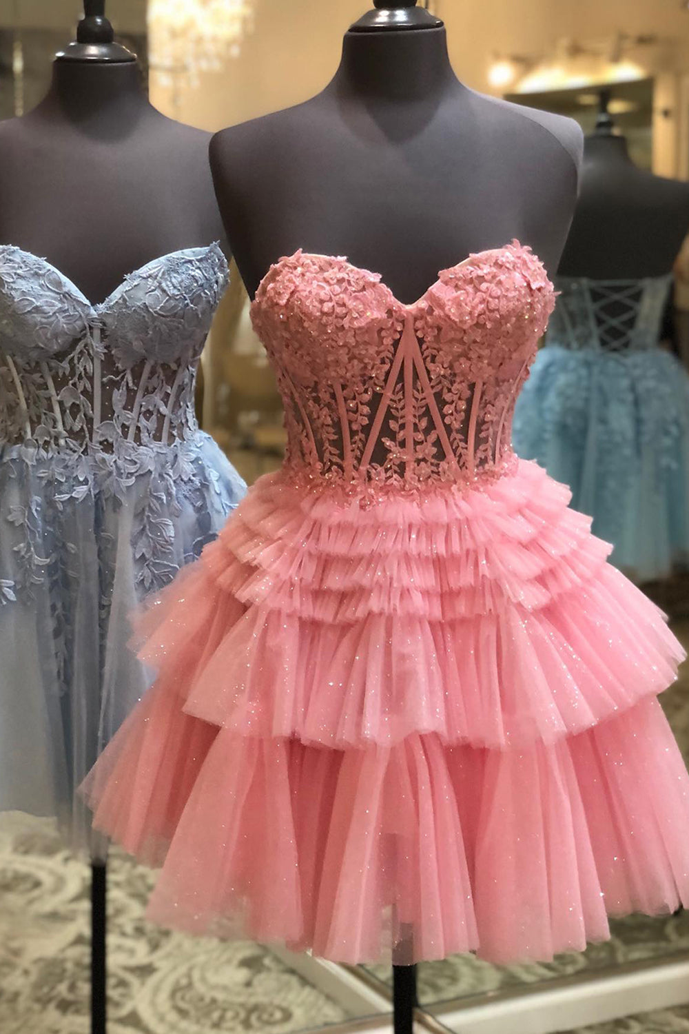 Sparkly Pink Corset Tiered Short A-Line Tulle Homecoming Dress with Lace