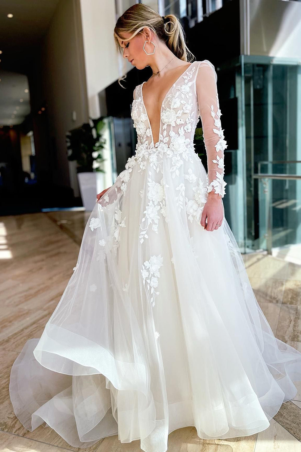 Romantic Ivory A-Line Illusion Deep V-Neck Long Sleeves Wedding Dress