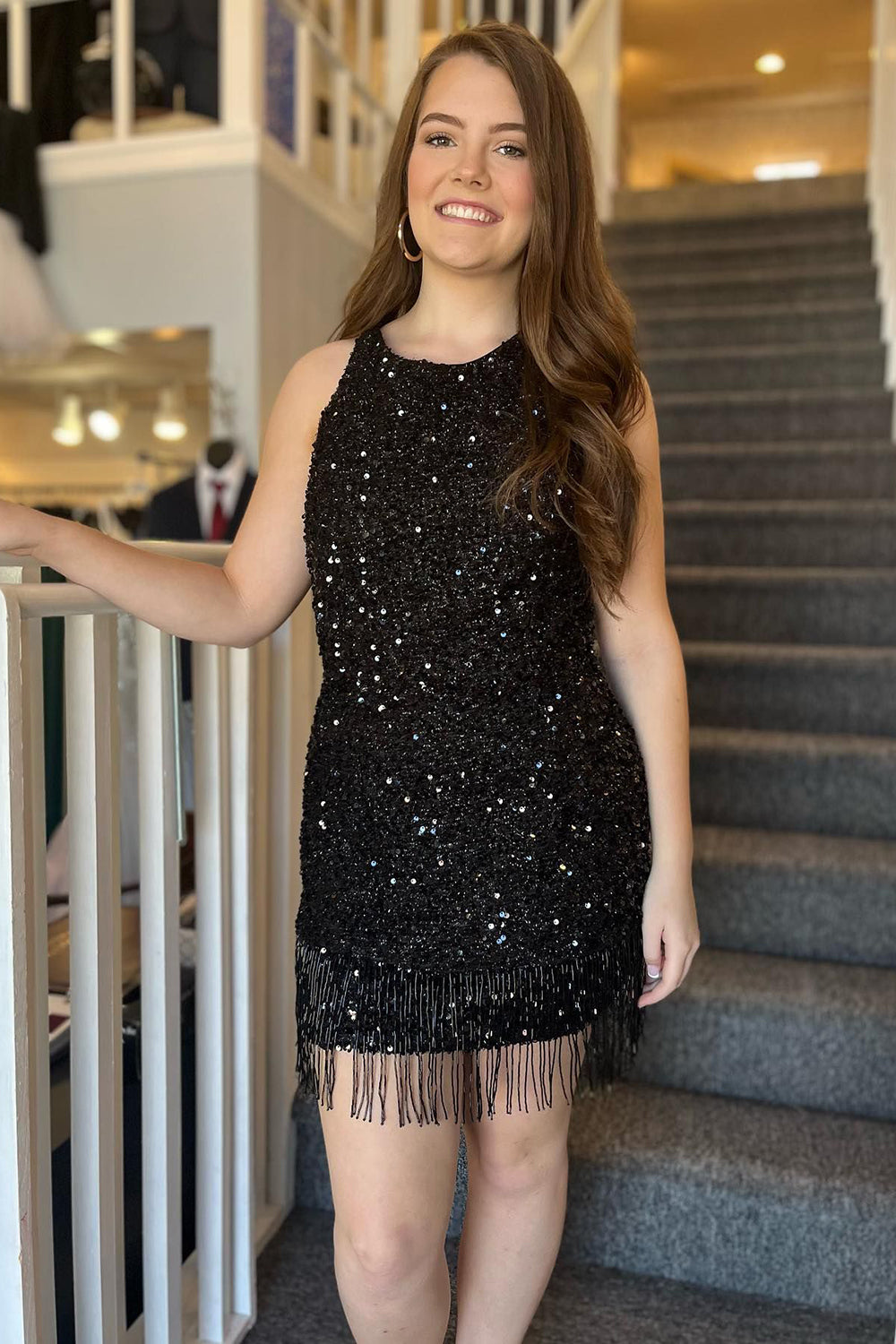 Sparkly Black Sequined Tight Short Homecoming Dress with Fringes