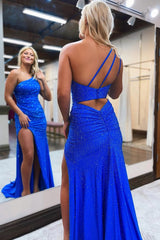 Royal Blue Evening Dress One Shoulder Beaded Mermaid Prom Dress