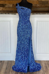 Blue Evening Dress One Shoulder Mermaid Sequin Prom Dress