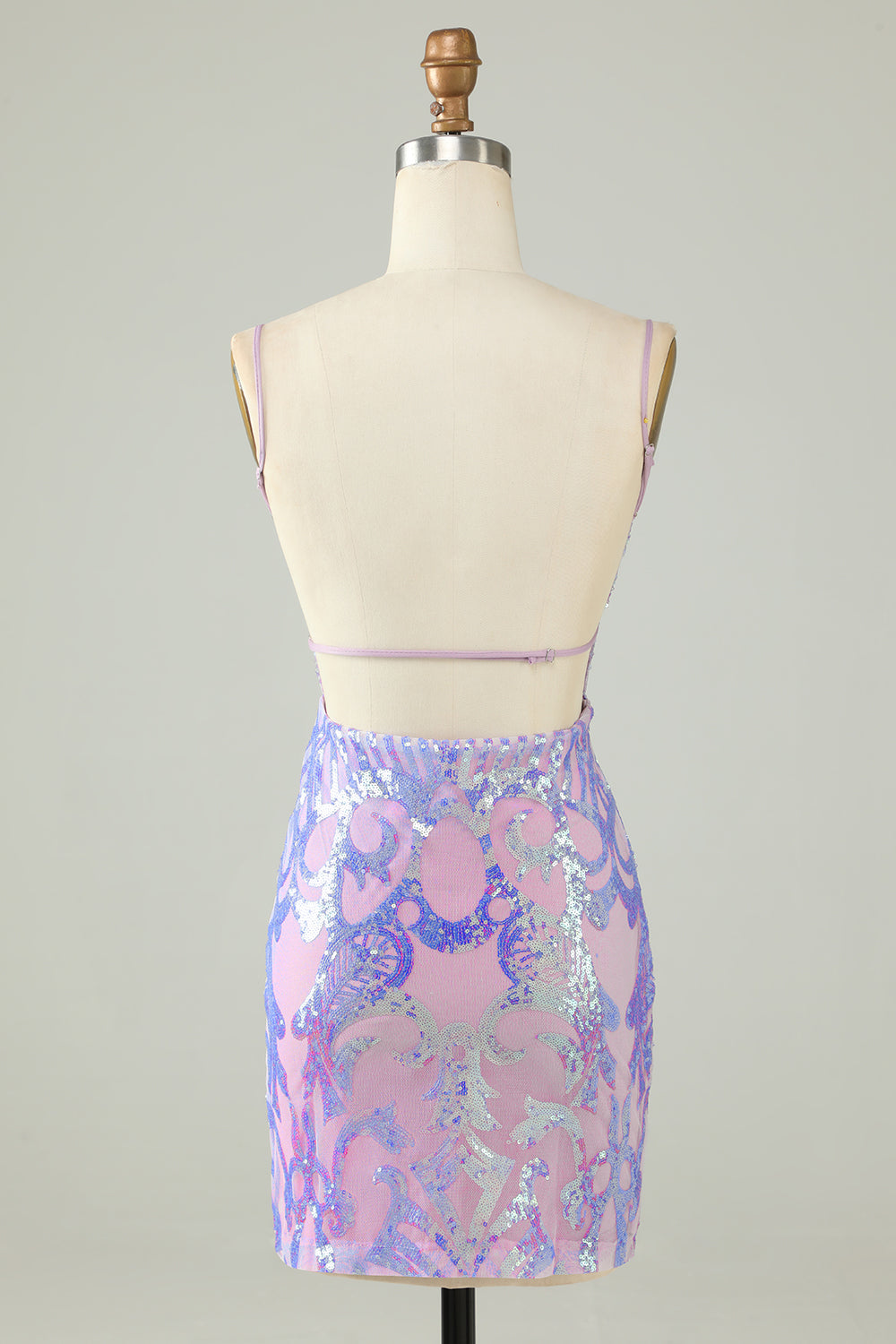 Sparkly Purple Spaghetti Straps Backless Short Tight Homecoming Dress with Sequins