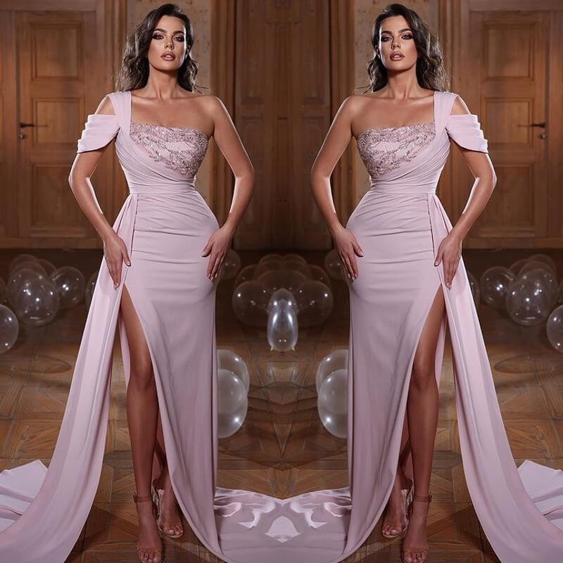 Glamorous One Shoulder Mermaid Evening Dress with Sequins Ruffles and Slit