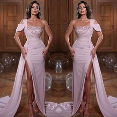 Glamorous One Shoulder Mermaid Evening Dress with Sequins Ruffles and Slit