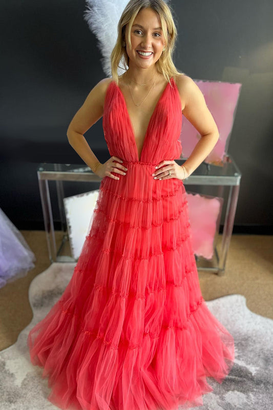 Red A-Line Deep V-Neck Backless Long Tulle Prom Dress