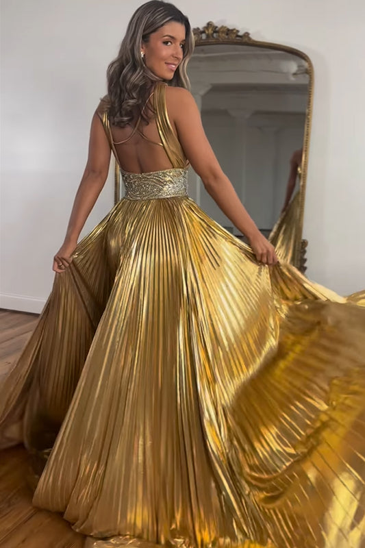 Glitter Golden A-Line Beaded Metallic Long Prom Dress with Slit