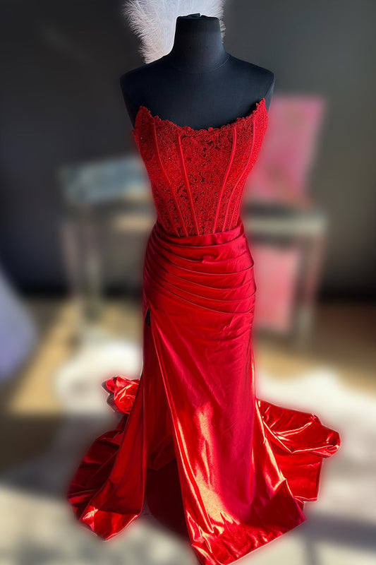 Red Mermaid Corset Long Prom Dress with Slit