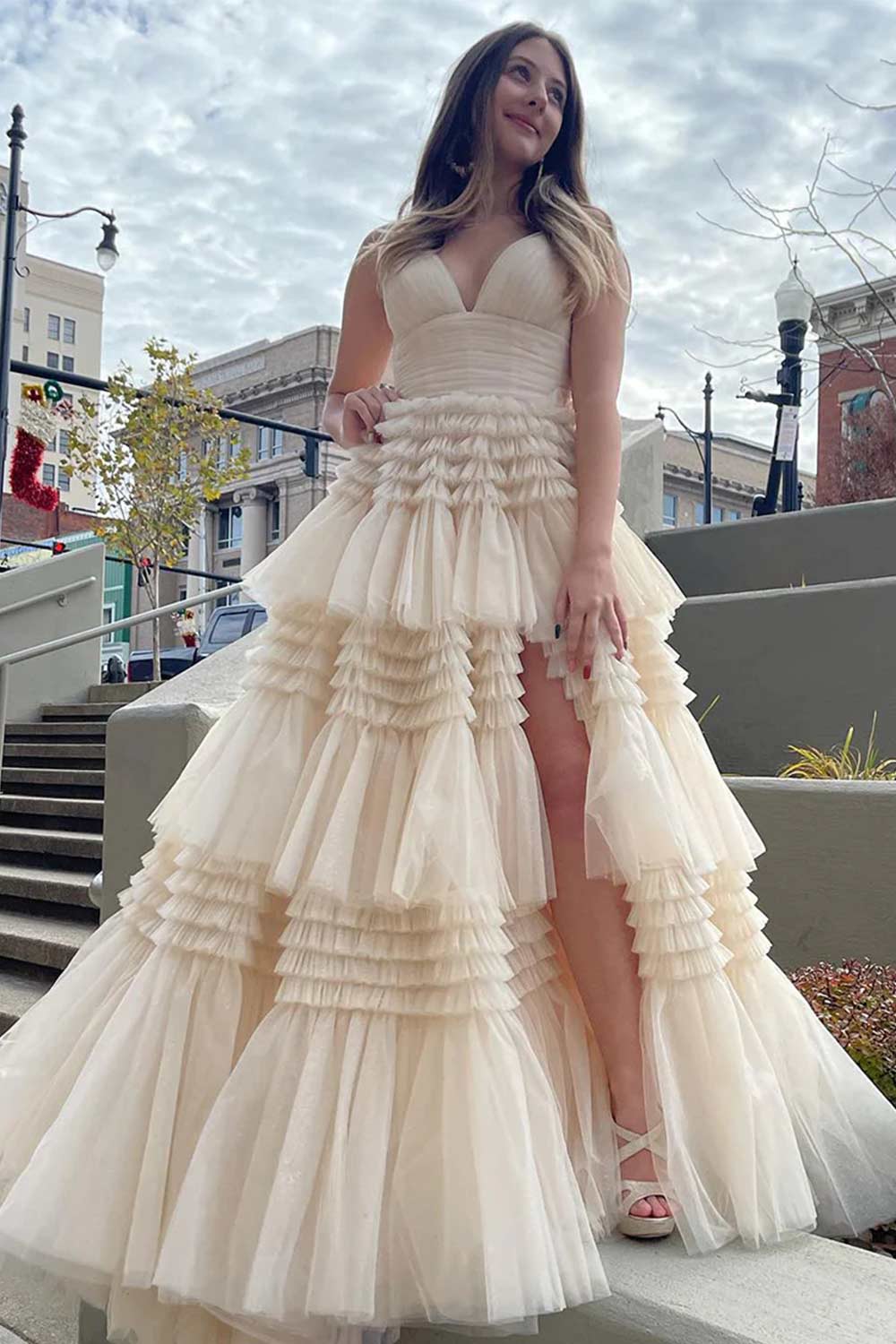 Beige Tulle Tiered Spaghetti Straps Long Prom Dress with Slit