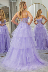 Lilac A Line Appliqued Tiered Long Corset Prom Dress With Slit