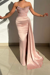 Fabulous Pink Strapless Sequined Satin Prom Dress With Ruffles