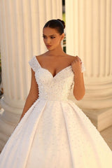 Ivory Wedding Dress Off the Shoulder Ball Gown Sequined Bridal Dress with Sweep Train