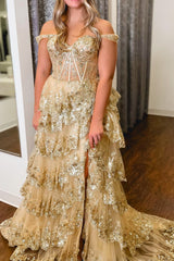 Gold Prom Dress Off The Shoulder Tiered Lace Evening Dress