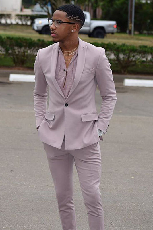 Trendy 2-Piece Peak Lapel Grey and Pink One-Button Men's Prom Suit