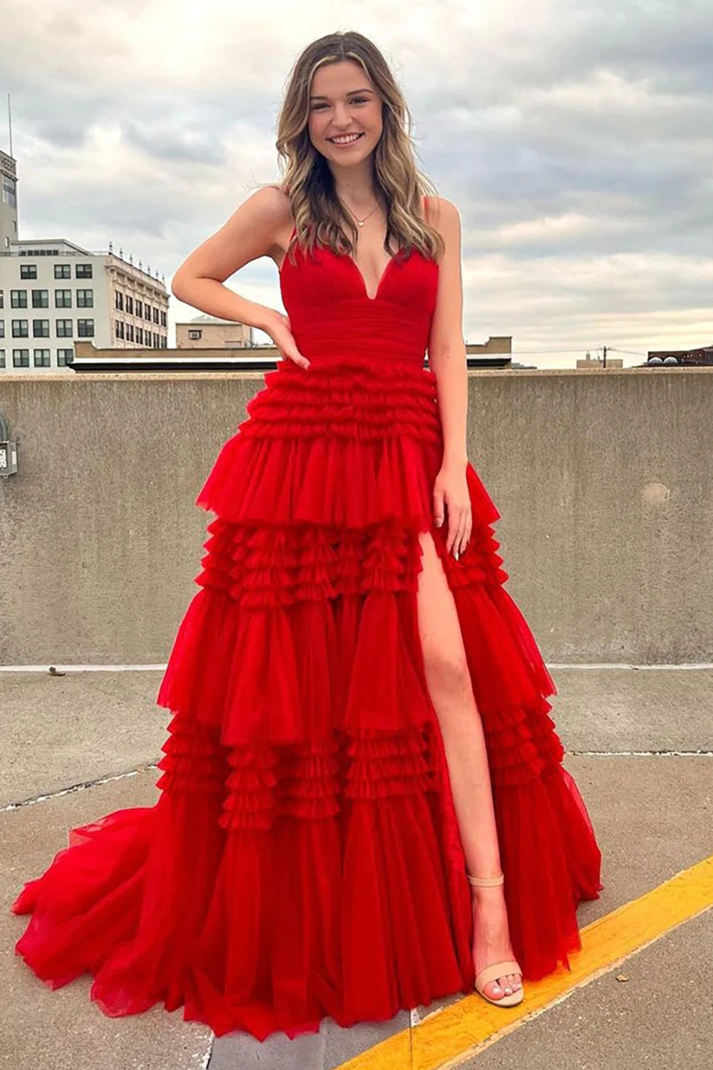 Fuchsia Tulle Spaghetti Straps Long Prom Dress