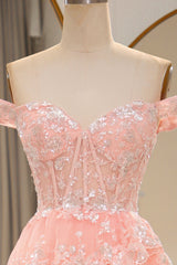 Glitter Blush Tiered A-Line Long Prom Dress with Lace