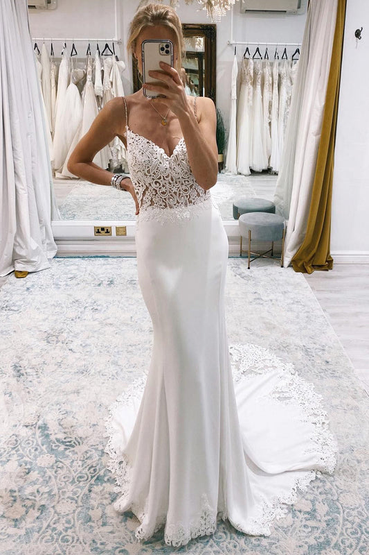 Stunning White Mermaid Sweep Train Boho Wedding Dress with Lace