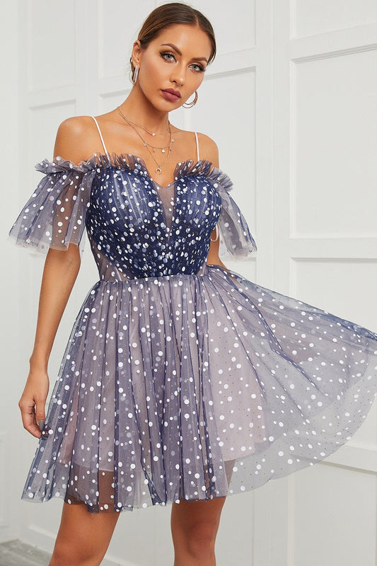 Navy Polka Dots Off Shoulder Cocktail Dress