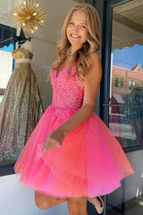 Fuchsia Orange Homecoming Dress Tulle Spaghetti Straps Party Dress with Appliques