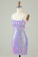 Sparkly Purple Spaghetti Straps Backless Short Tight Homecoming Dress with Sequins