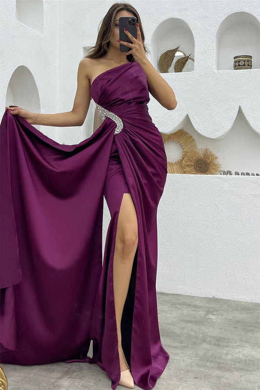 Dark Purple Sequin Split Mermaid One-Shoulder Evening Dress with Long Ruffles