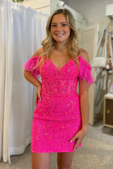 Sparkly Fuchsia Sequin Lace Tight Short Homecoming Dress with Feathers