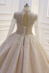 High Neck Long Sleeve Satin Ball Gown Wedding Dress with Sequins