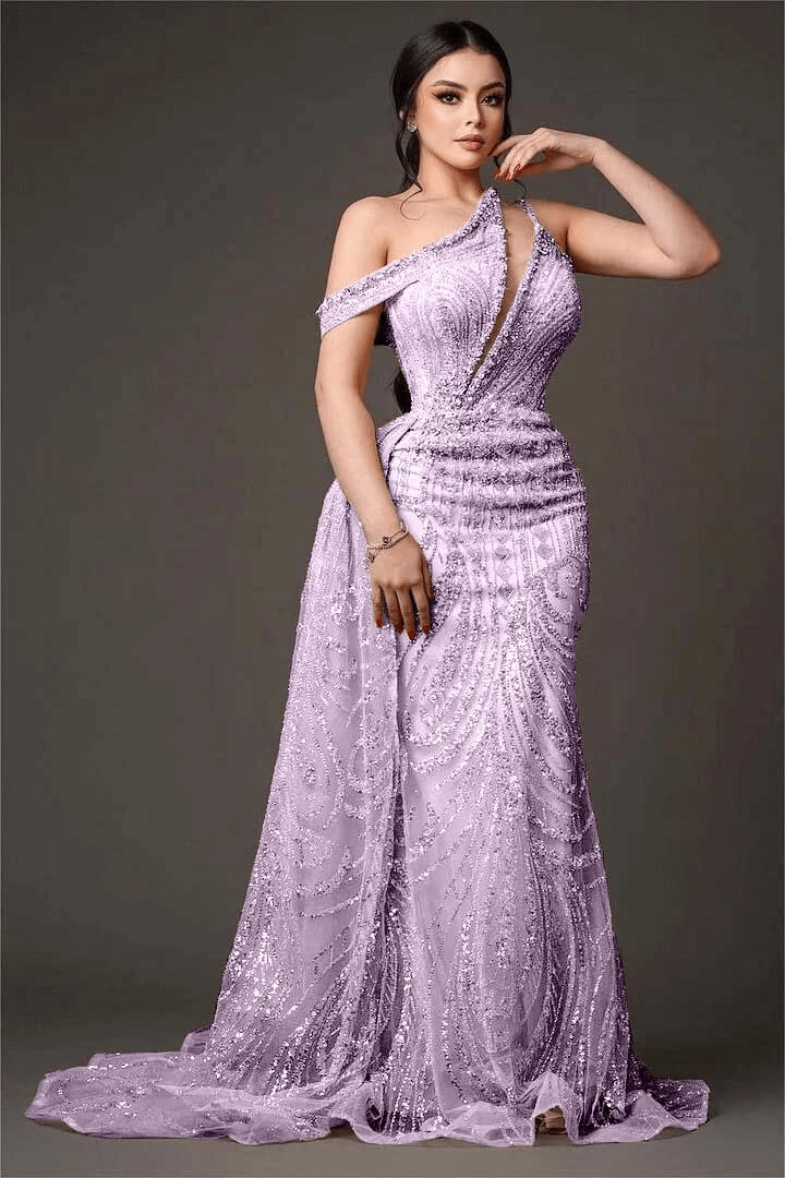 Champagne Mermaid Prom Dress Asymmetric Neck Beaded Formal Dress
