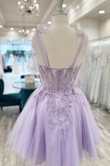 Purple Corset A-Line Tulle Short Flower Homecoming Dress with Lace