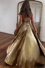 Glitter Golden A Line Backless Long Prom Dress With Slit