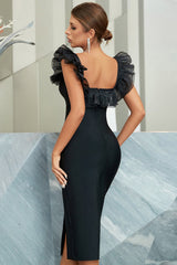 Sheath V Neck Tea Length Black Party Dress