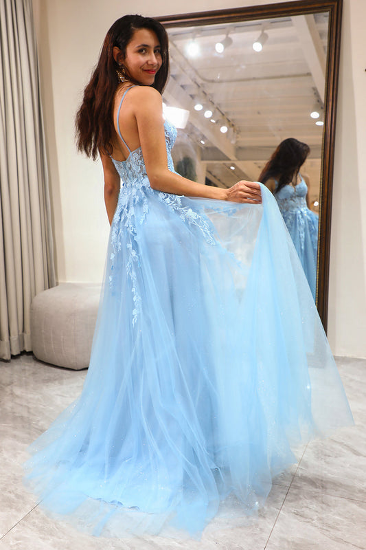 Light Blue A Line Tulle Long Corset Prom Dress With Slit