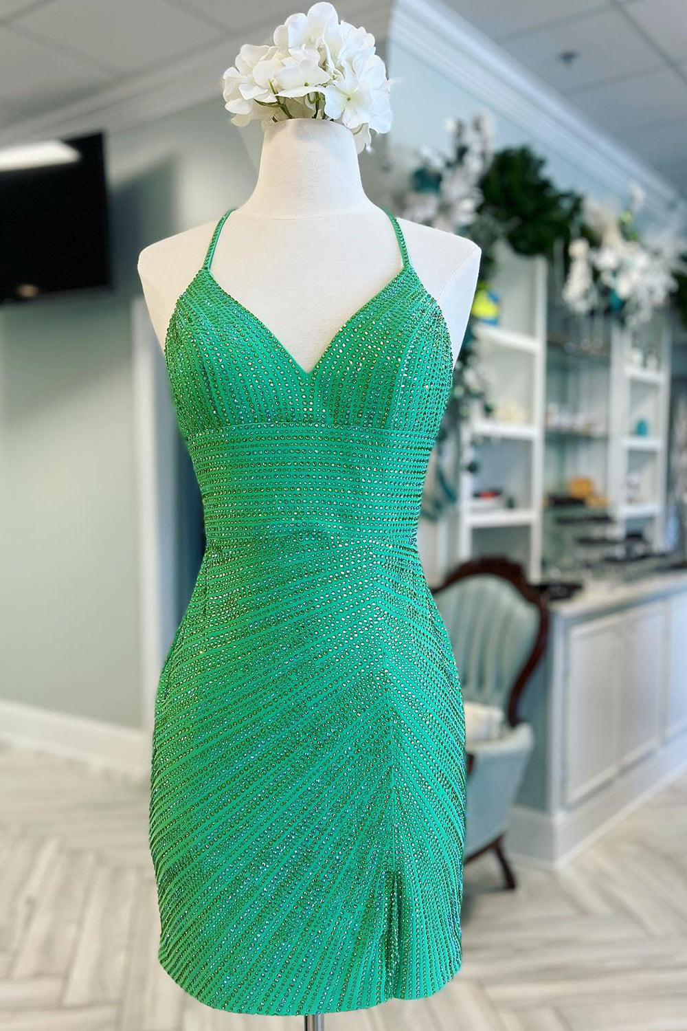 Sparkly Green Beaded Sequin Backless Tight Short Homecoming Dress