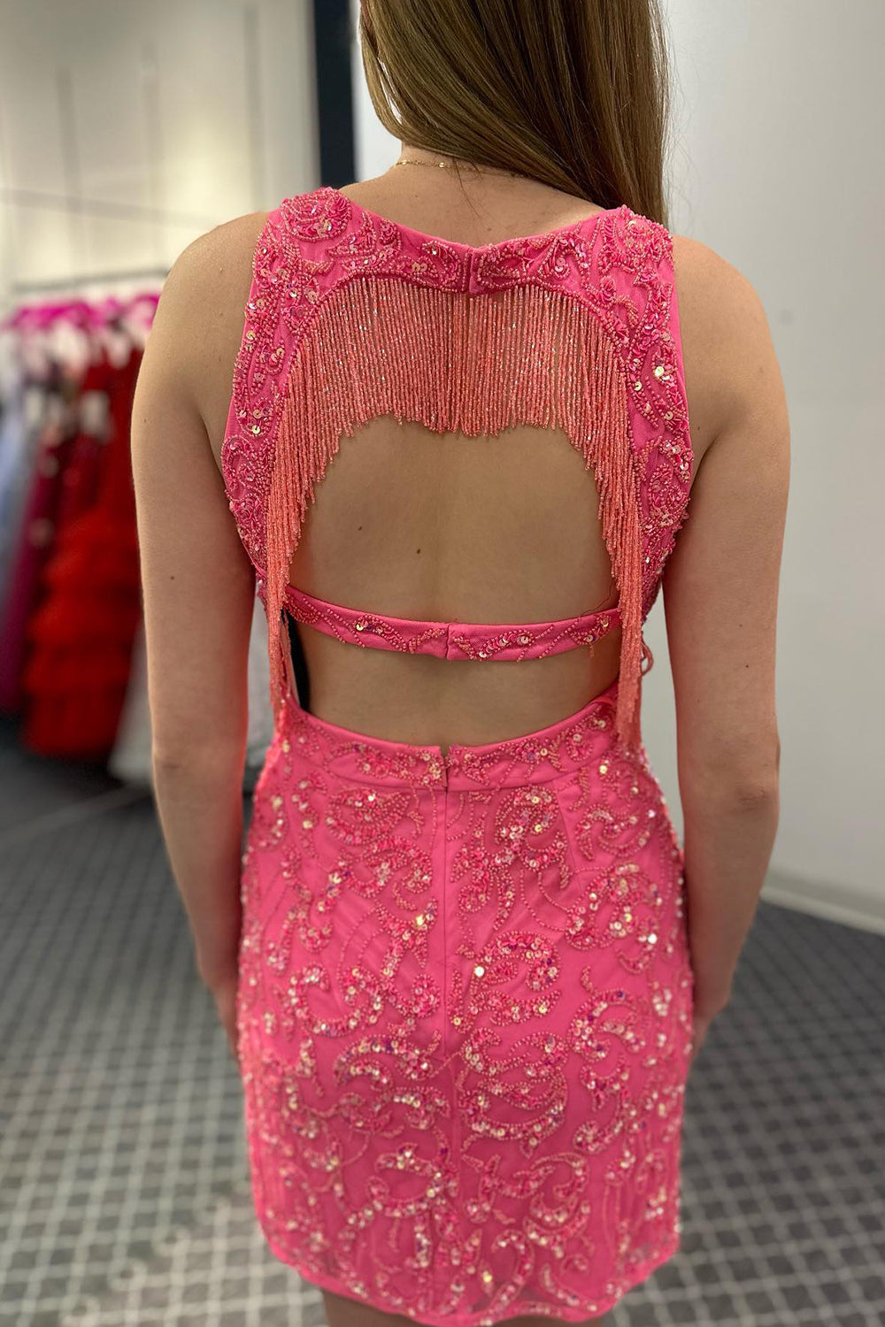 Sparkly Fuchsia Fringed Open Back Tight Short Homecoming Dress