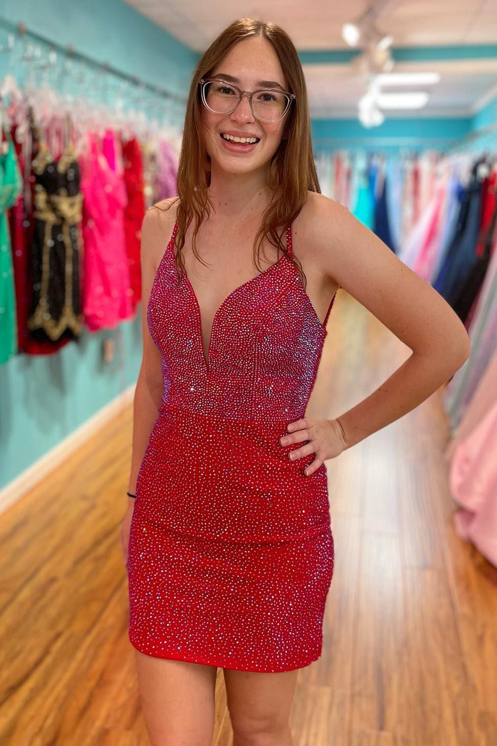 Sparkly Red Sequins Open Back Tight Short Hoco Dress