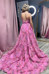 Pink Sweetheart A-Line Floral Long Tulle Prom Dress with Slit